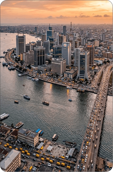 High-rise skyline at sunset over the water